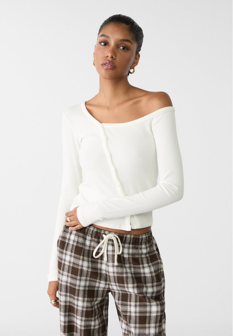 Stradivarius Tricou Asimetric Reiat Cu Nasturi Ecru Xl