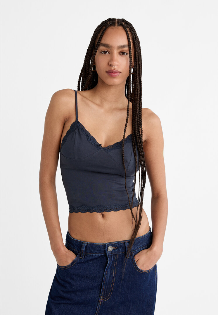 Stradivarius Top Cu Bretele, Decolteu În V Și Dantelă Bleumarin Xl