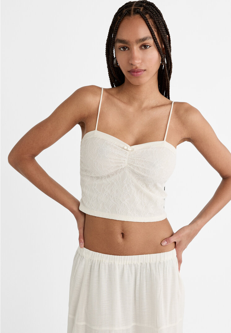 Stradivarius Top Din Dantelă Florală Cu Bretele Alb S