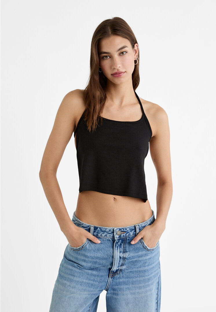 Stradivarius Tricou Halter Cu Bretele La Spate Negru M