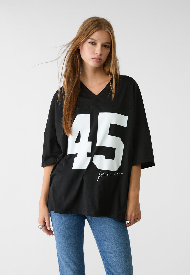 Stradivarius Tricou Oversize Fotbal Cu Număr Negru M