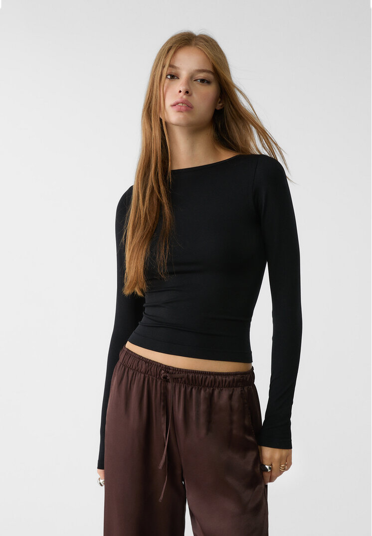Stradivarius Tricou Fără Cusături Cu Spatele Gol Negru L