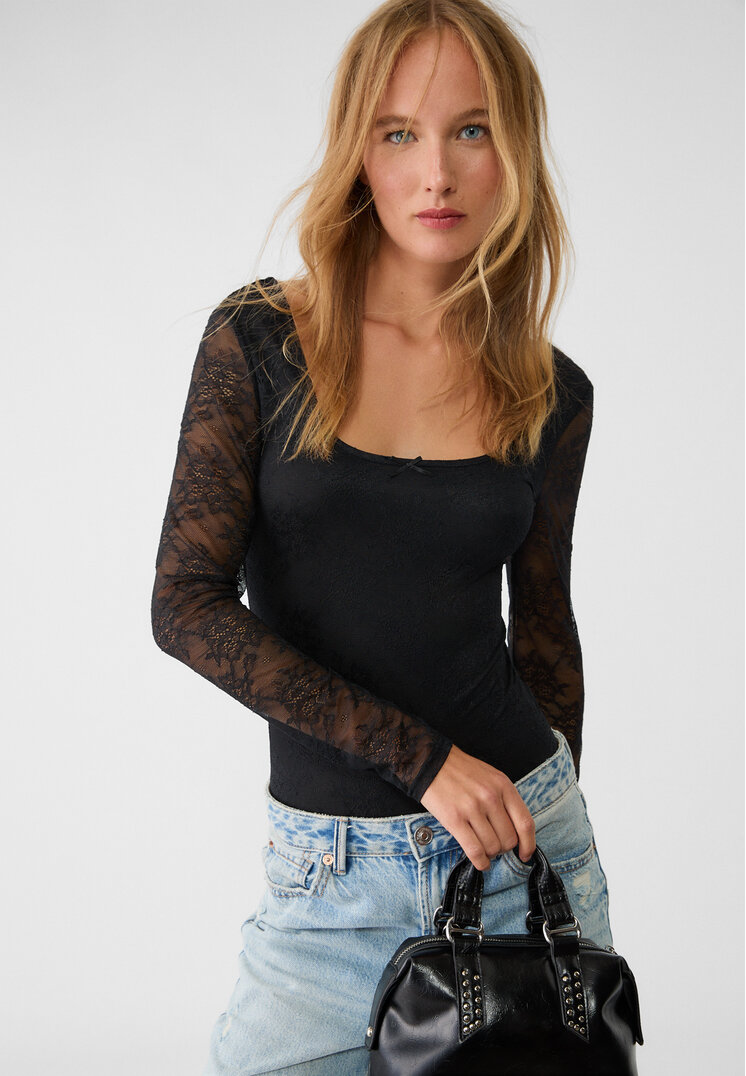 Stradivarius Body Din Dantelă Cu Mânecă Lungă Negru L