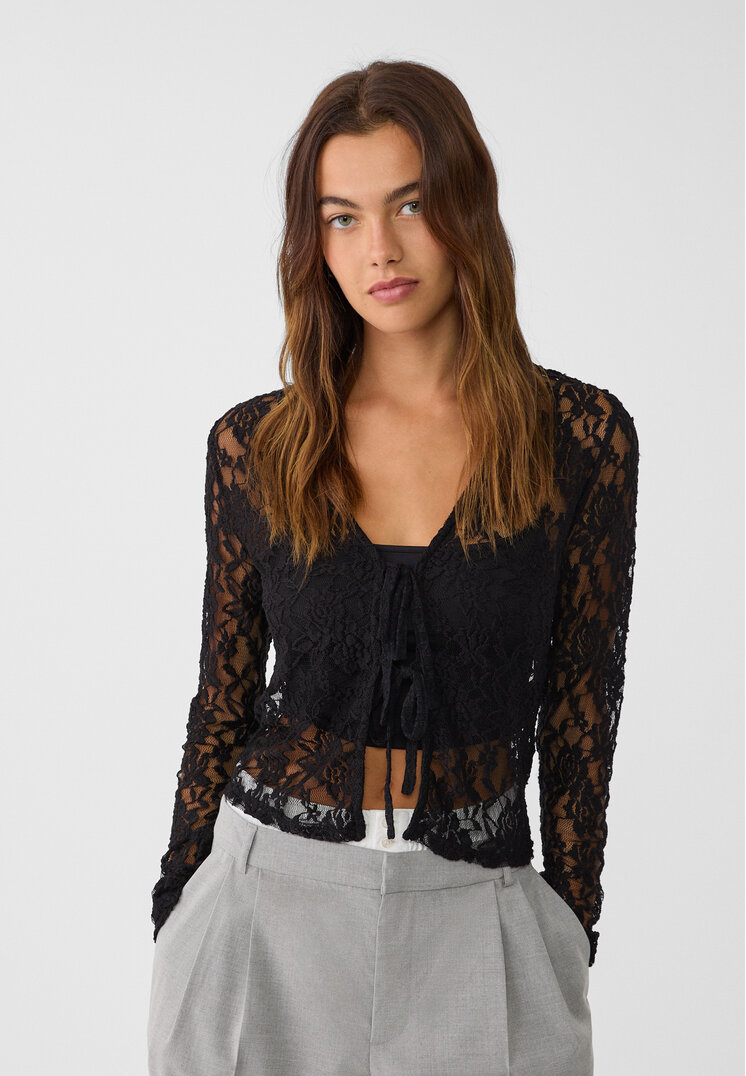 Stradivarius Cămașă Cu Dantelă Și Funde Negru M