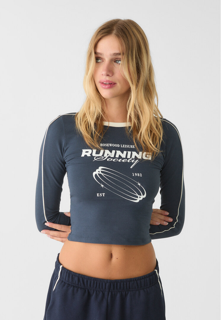 Stradivarius Tricou Cropped Pozițional Bleumarin Xl