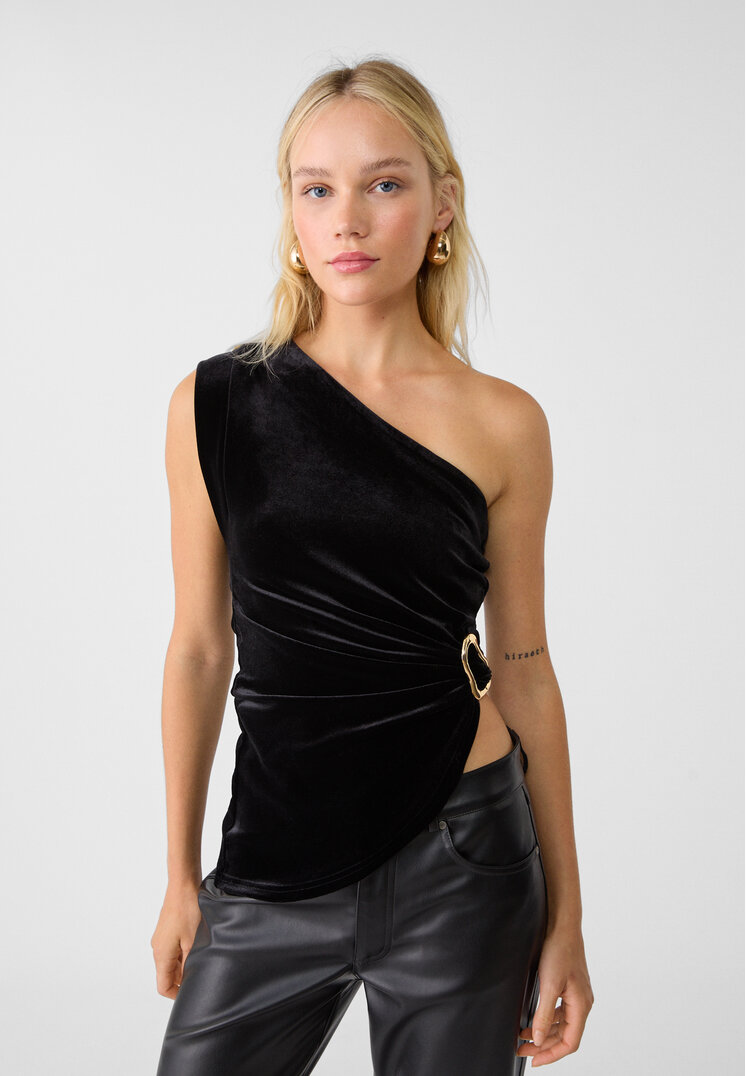 Stradivarius Tricou Asimetric Din Catifea Cu Cataramă Negru M