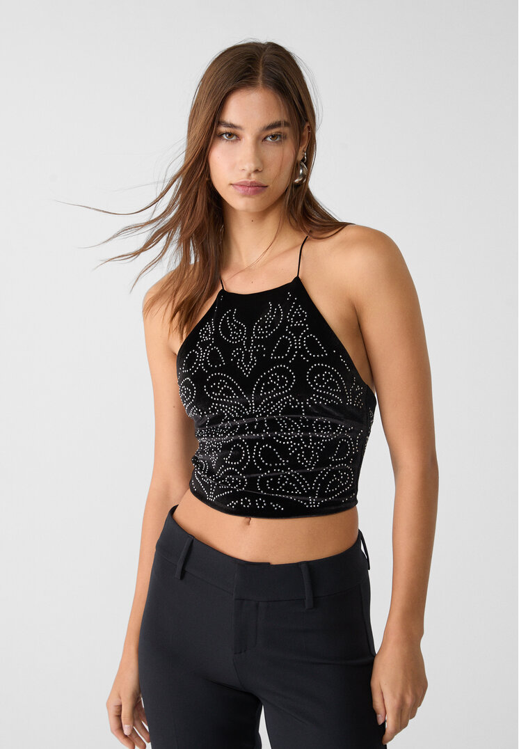 Stradivarius Top Halter Din Catifea Cu Detalii Strălucitoare Negru S