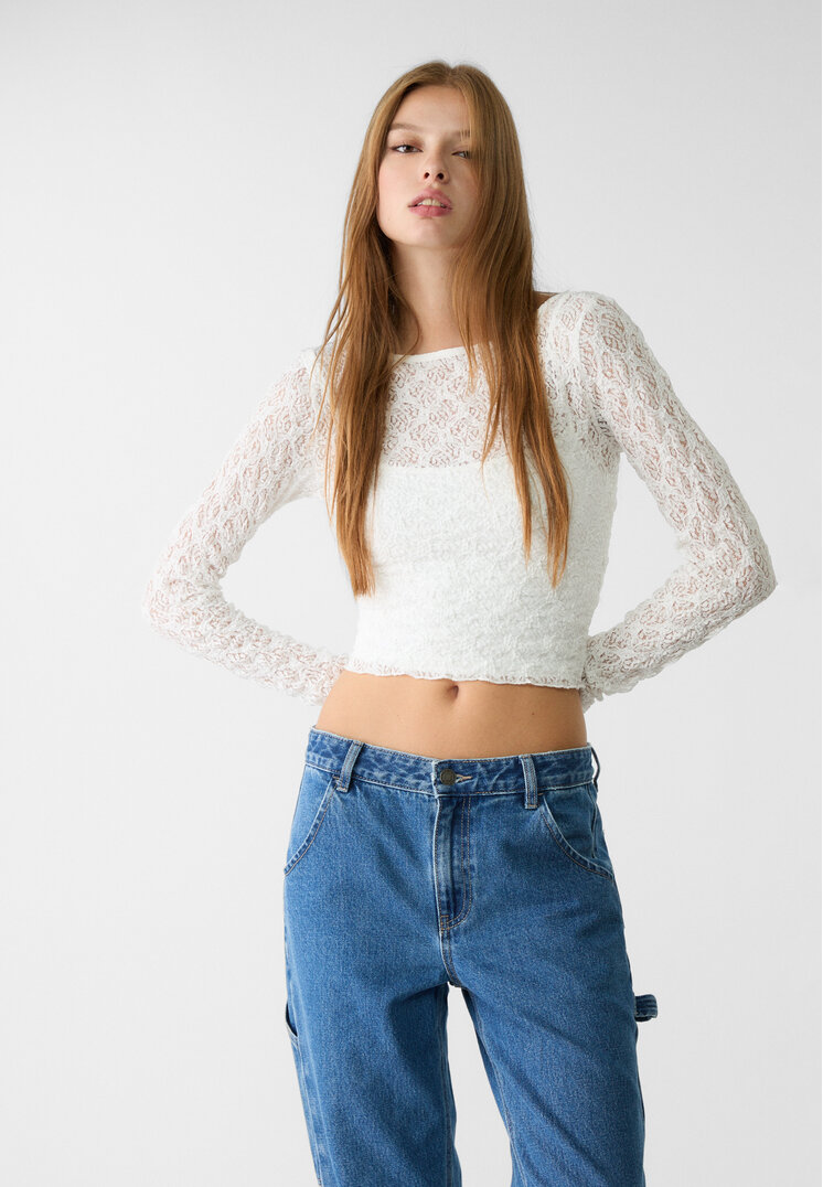 

Stradivarius Prześwitujący koronkowy top Ecru L
