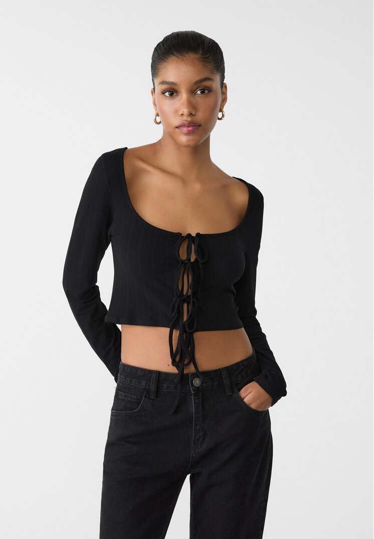 Stradivarius Tricou Fără Cusături Cu Funde Negru Xs