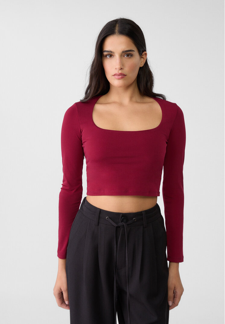 Stradivarius Tricou Cu Decolteu Pătrat Grena Xs