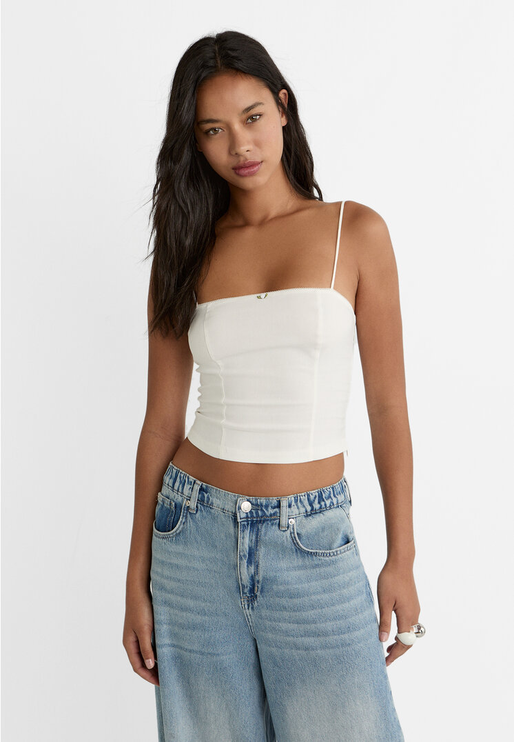 Stradivarius Top Bretele Floare Alb S