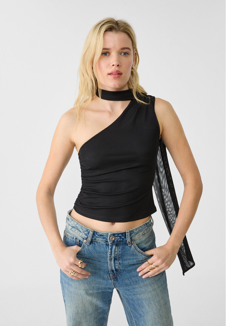 Stradivarius Top Asimetric Din Tul Tip Eșarfă Negru Xl