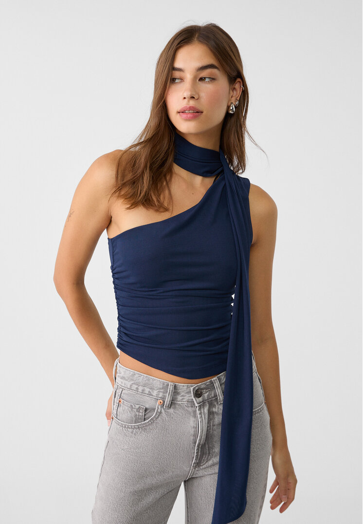 

Stradivarius Asymmetrisches Top aus Tüll mit Halstuch Marineblau L