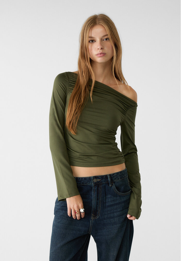 Stradivarius Tricou Încrețit Mânecă Lungă Kaki L