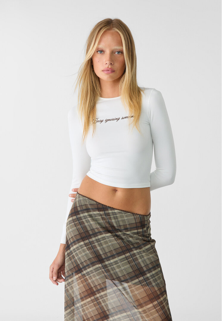 Stradivarius Tricou Text Brodat Alb L
