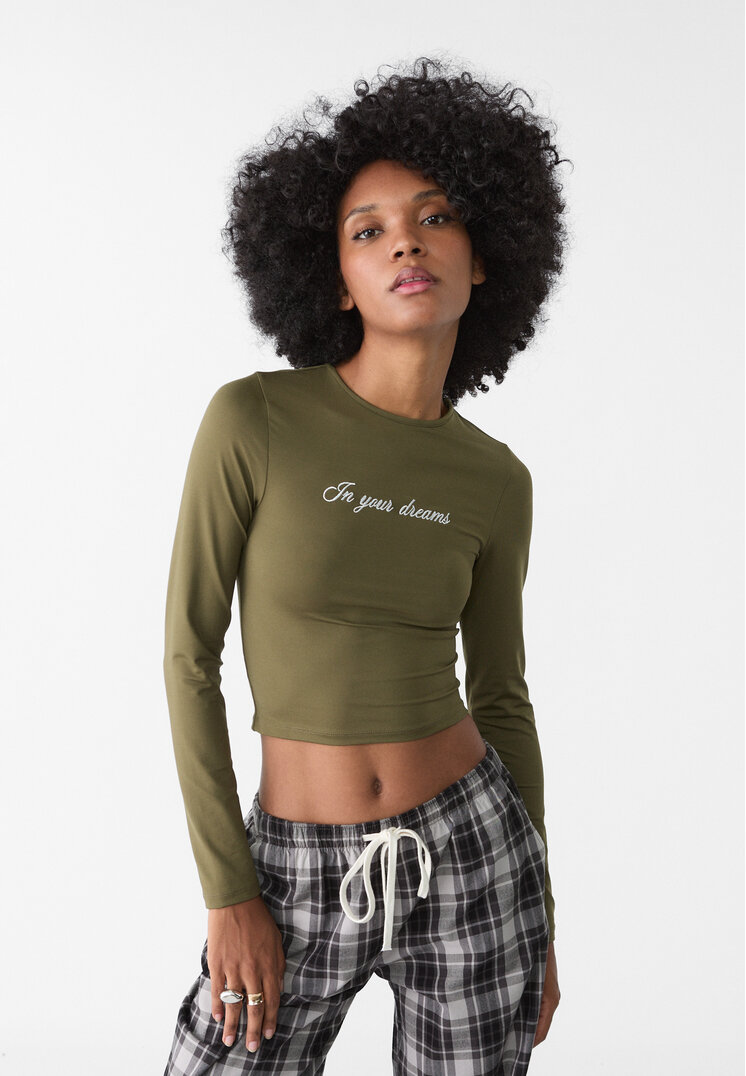 Stradivarius Tricou Text Brodat Kaki S