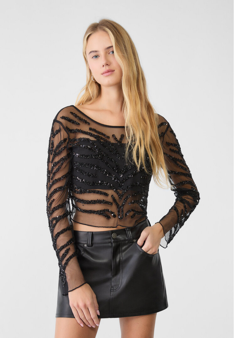 Stradivarius Top Cu Broderie Și Spate Petrecut Negru Xl