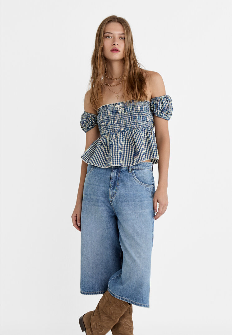 Stradivarius Gingham top with bow  Navy blue M (STRADIVARIUS)