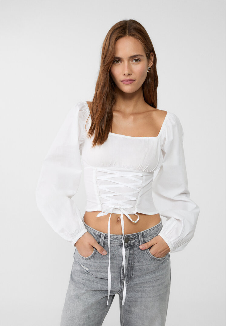 Stradivarius Top Din Poplin Cu Detaliu Petrecut Ecru Xs