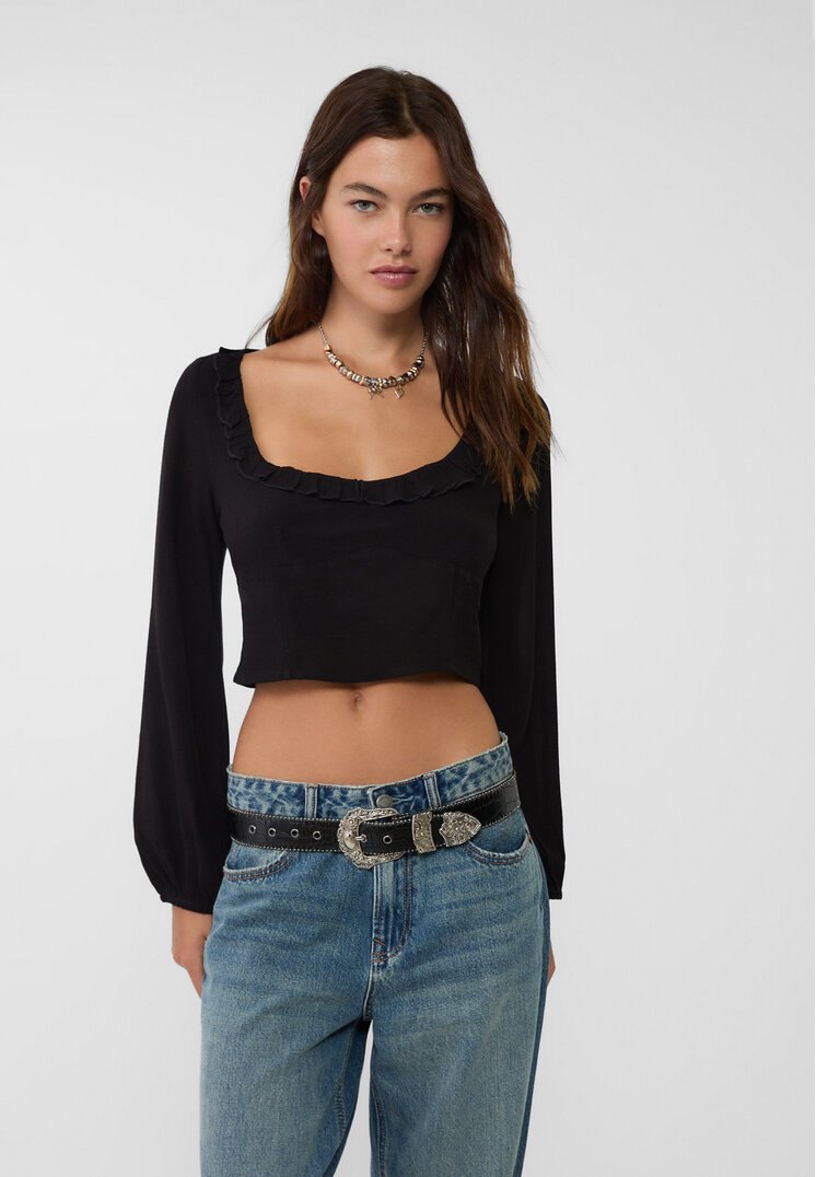 Stradivarius Top Scurt Cu Volane Negru S
