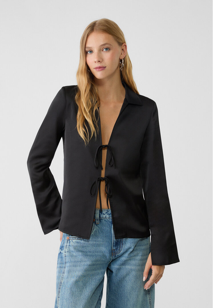 Stradivarius Cămașă Din Satin Cu Fundițe Negru S