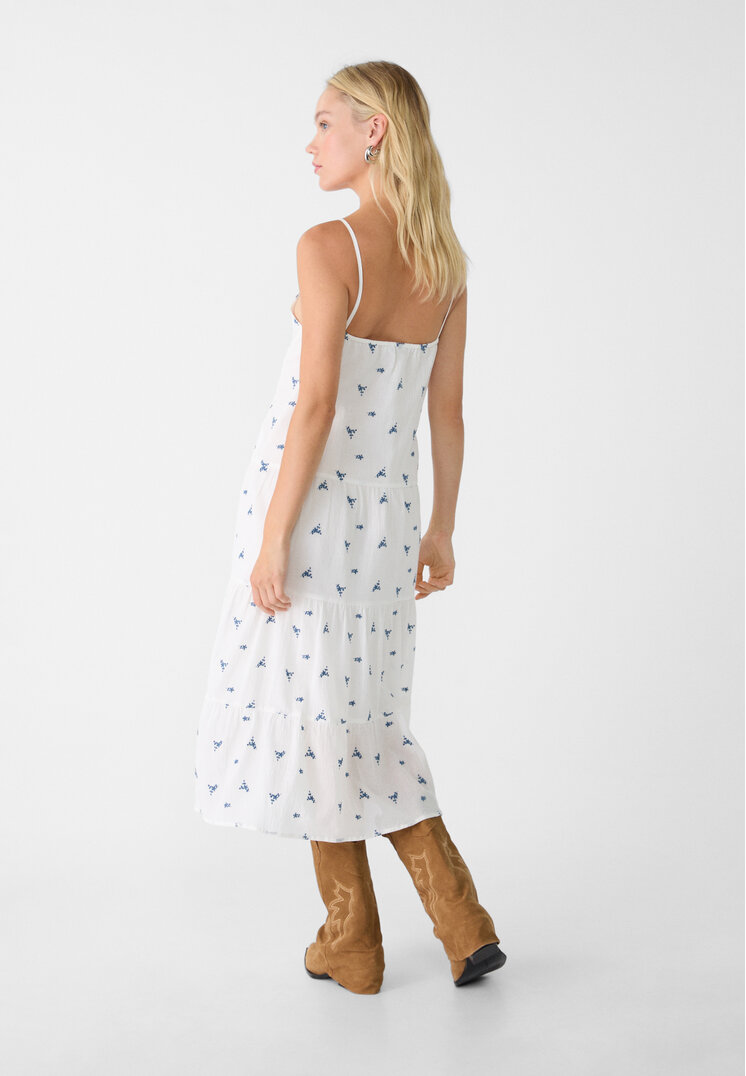 Stradivarius Flowing midi dress with floral embroidery Ecru M