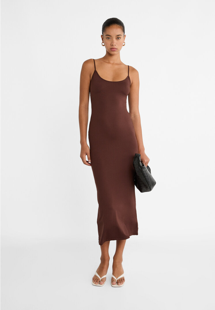 Stradivarius Rochie Lungă Cu Bretele Maro L