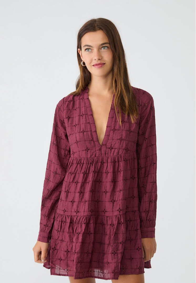 Stradivarius Rochie Scurtă Vaporoasă Cu Broderii Grena L