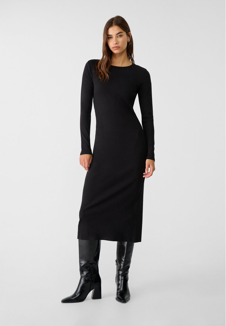 Stradivarius Rochie Midi Reiată Negru L