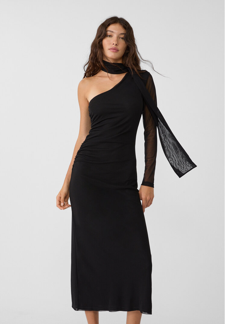 Stradivarius Rochie Asimetrică Lungă Din Tul Cu Detaliu Eșarfă Negru L