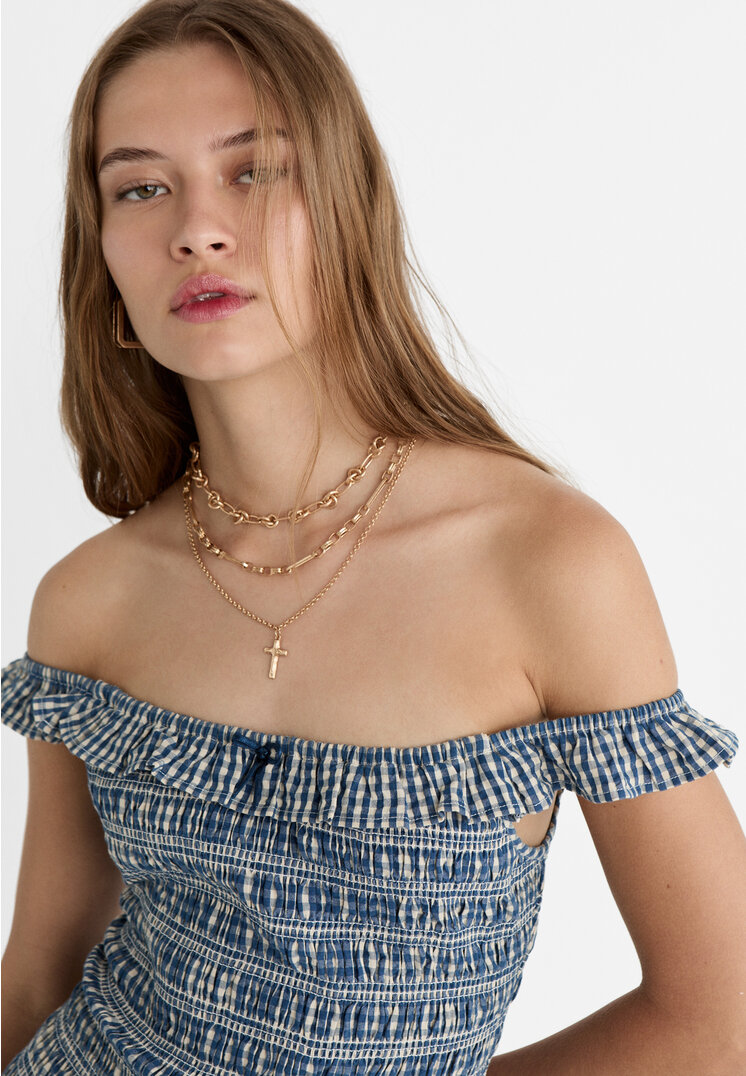 Stradivarius Rochie Scurtă Cu Volane În Carouri Vichy Bleumarin Xs