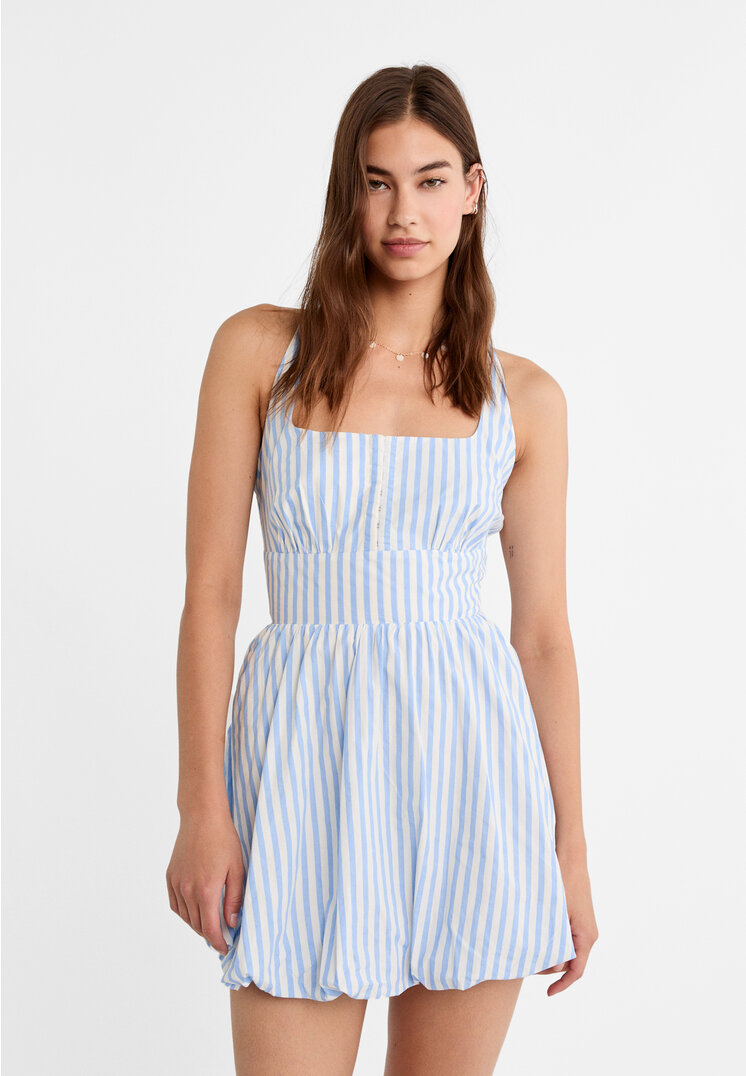 Stradivarius Rochie Scurtă Bufantă Din Poplin Azuriu Xs