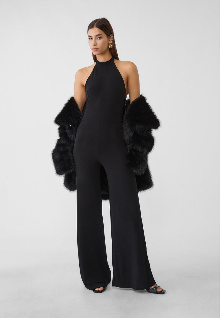 Stradivarius Salopetă Lungă Halter Cu Spatele Gol Negru S