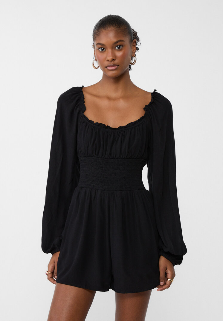 Stradivarius Salopetă Scurtă Cu Mâneci Bufante Negru M