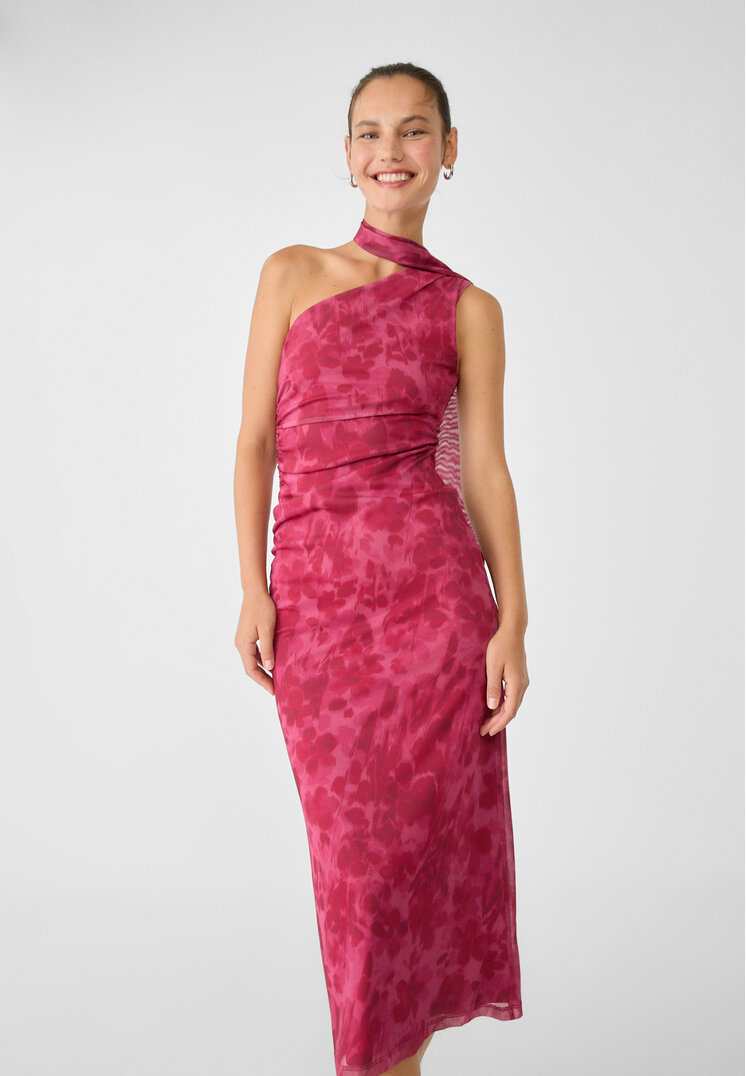 Stradivarius Rochie Asimetrică Lungă Cu Eșarfă Grena M