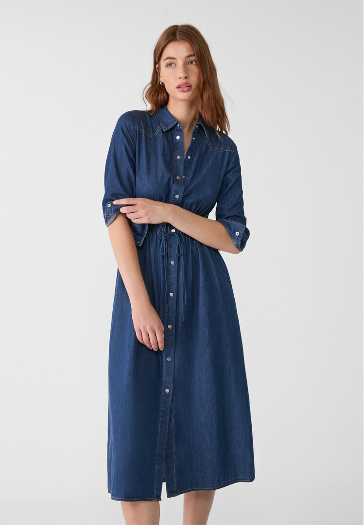 Stradivarius Rochie Tip Cămașă Midi Din Denim Denim Albastru L
