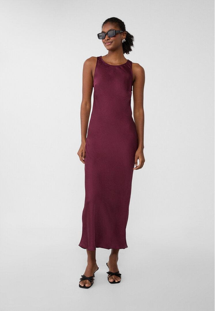 Stradivarius Rochie Midi Satinată Cu Bretele Grena Xs
