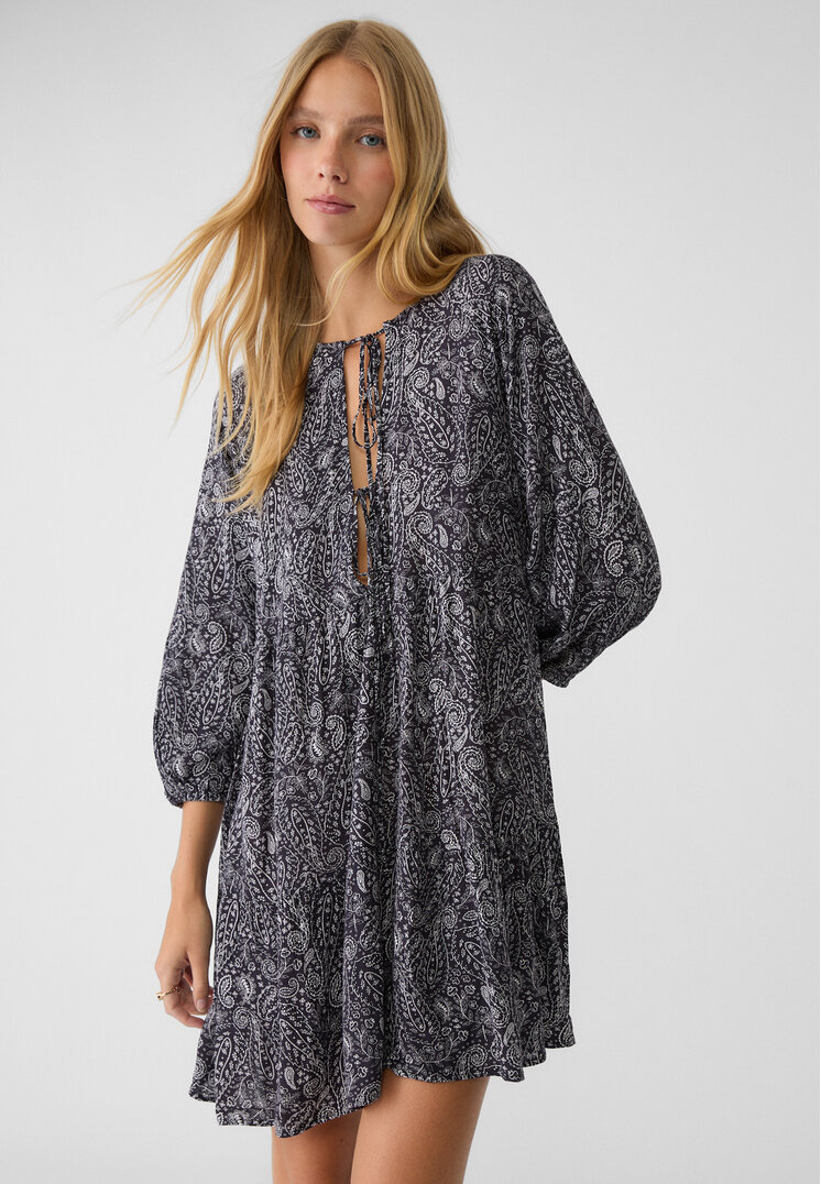 Stradivarius Rochie Scurtă Vaporoasă Cu Imprimeu Negru Xs