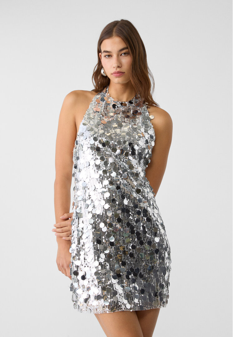 Stradivarius Rochie Scurtă Tip Halter Cu Paiete Gri S