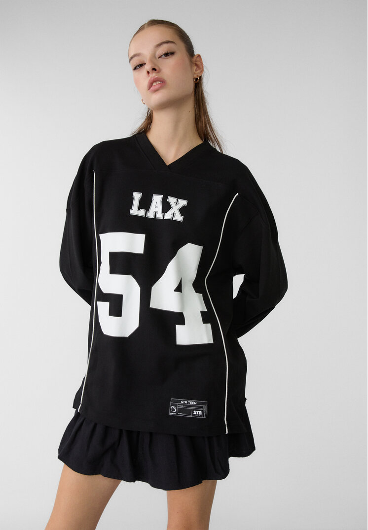 Stradivarius Bluză Sport Oversize Cu Guler În V Și Număr Negru Xs