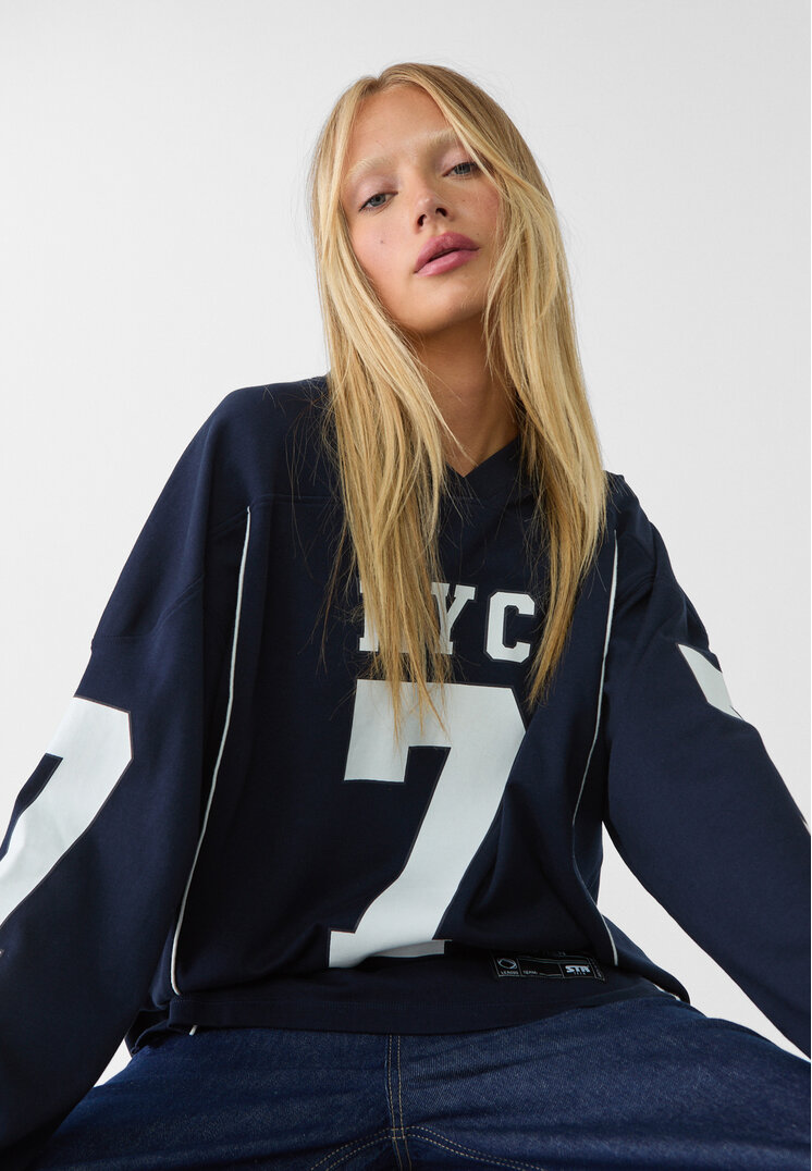 Stradivarius Bluză Sport Oversize Cu Guler În V Și Număr Bleumarin M