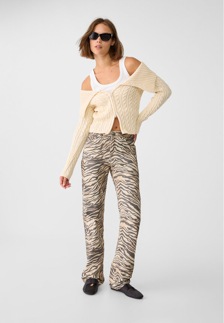 Stradivarius Blugi Straight Fit Cu Animal Print Bej 42
