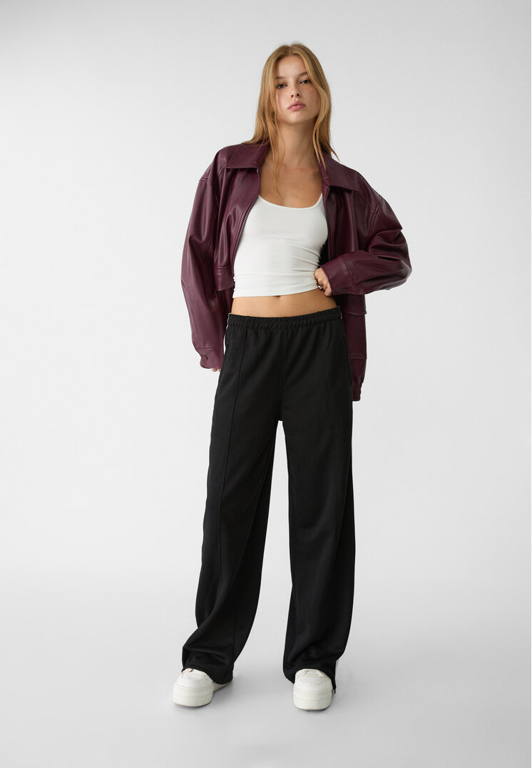 Stradivarius Pantaloni Cu Interlock Și Dungă Laterală Negru L