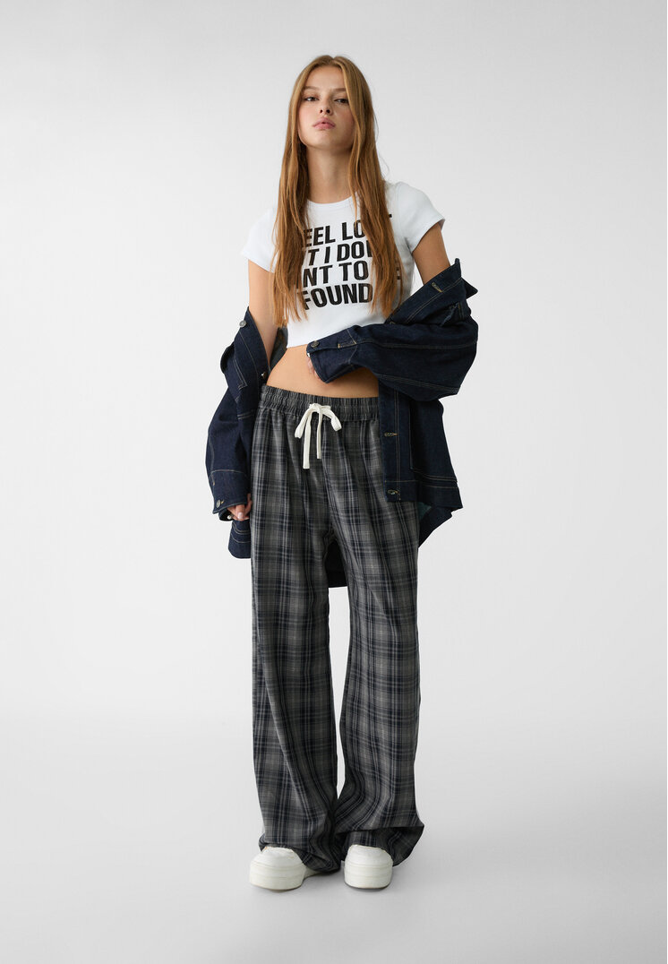 Stradivarius Pantaloni Eleganți Cu Șnur Gri Închis Xl