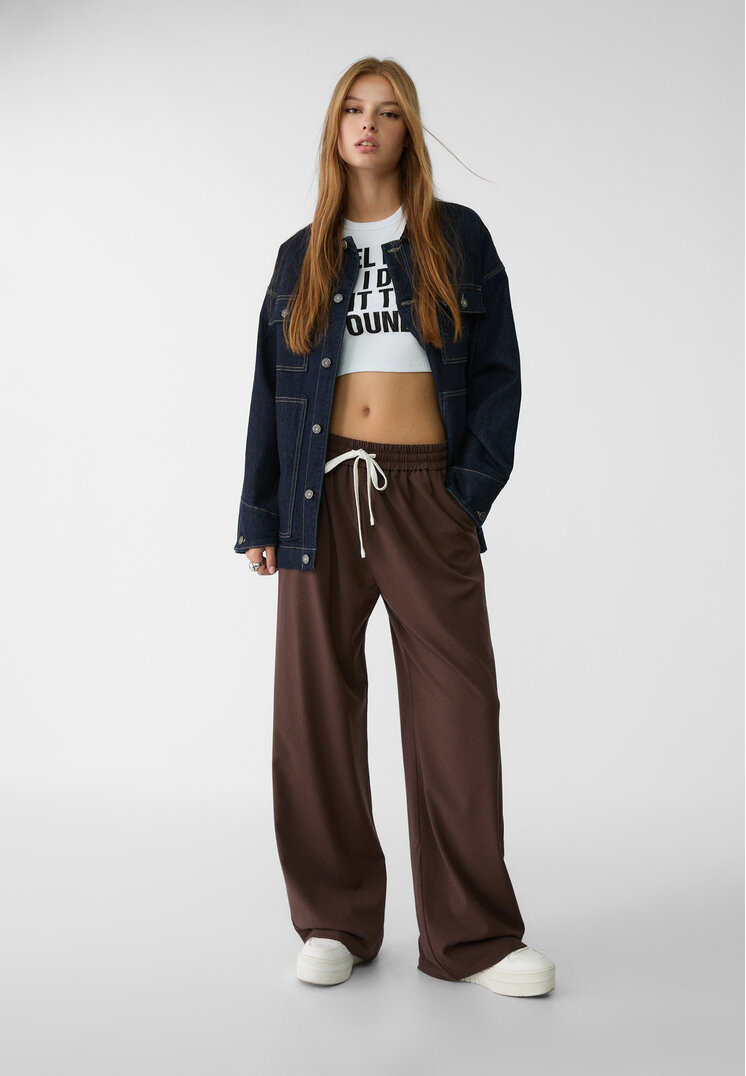Stradivarius Pantaloni Eleganți Cu Șnur Maro Xl