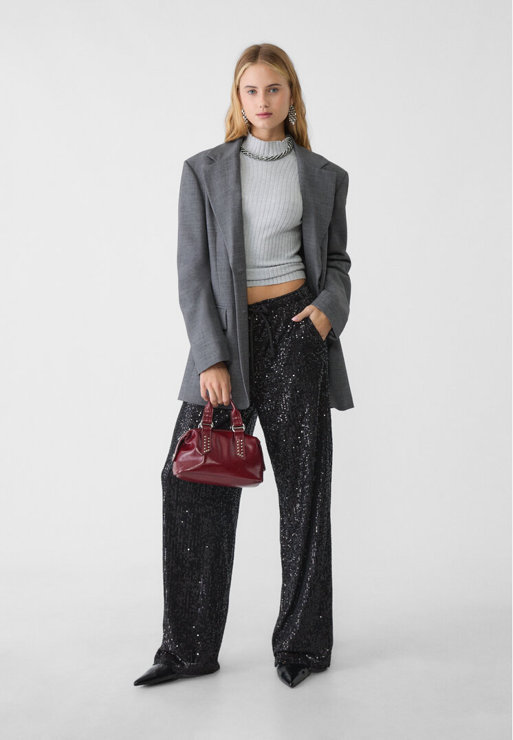 Stradivarius Pantalon Fluid Cu Paiete Negru Xs