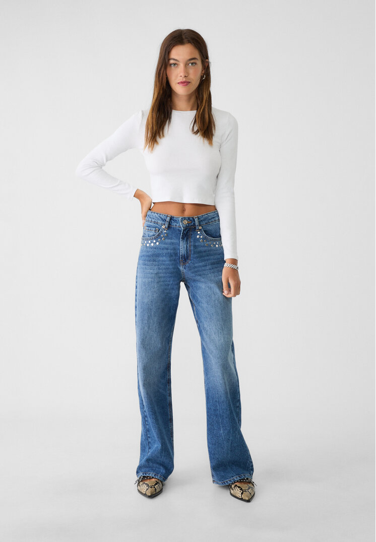 

Stradivarius Proste jeansy z ćwiekami Niebieski denim 34