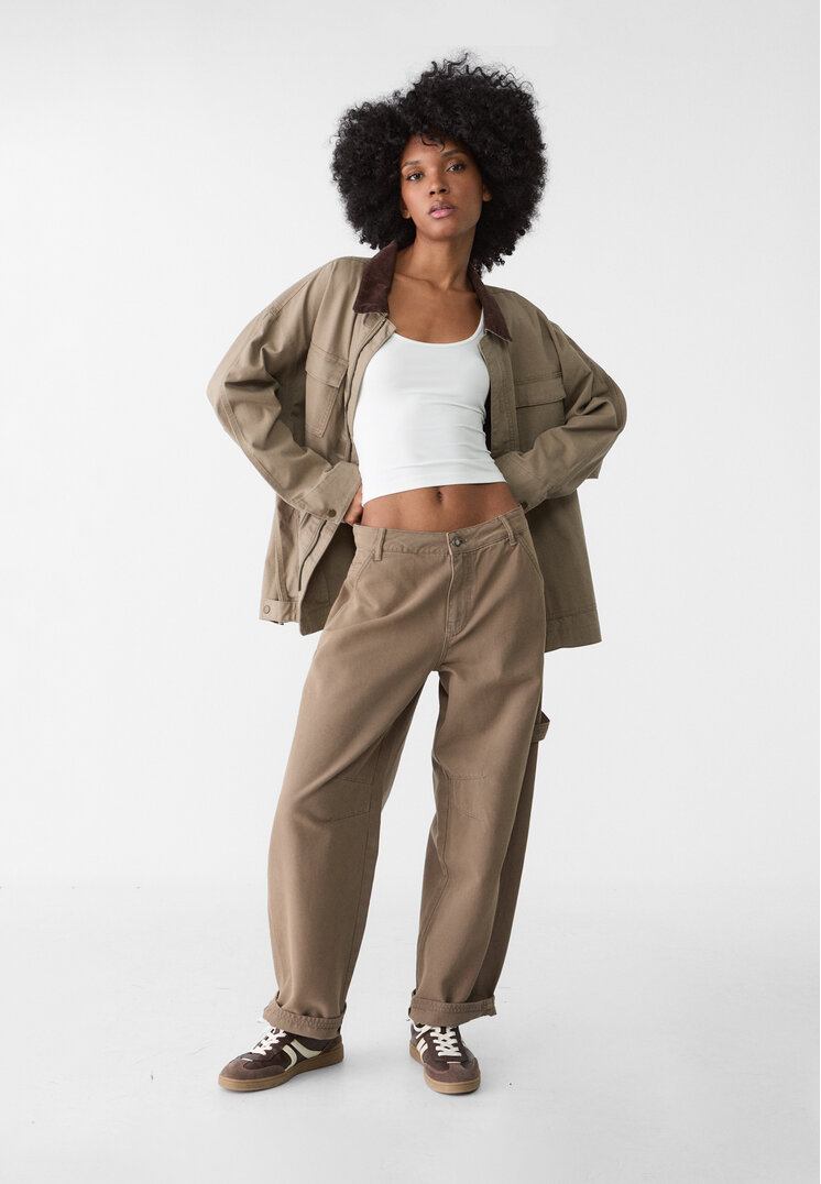 Stradivarius Pantaloni Largi Din Serj, Cu Buzunar Kaki 34
