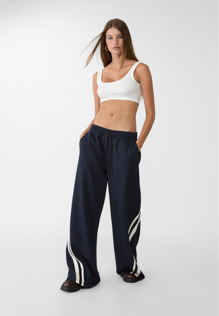 Stradivarius Pantaloni Largi Cu Dungi Contrastante Bleumarin M