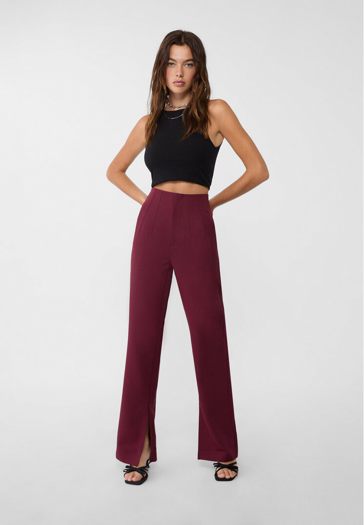 Stradivarius Pantaloni Eleganți Cu Talie Foarte Înaltă Grena 42